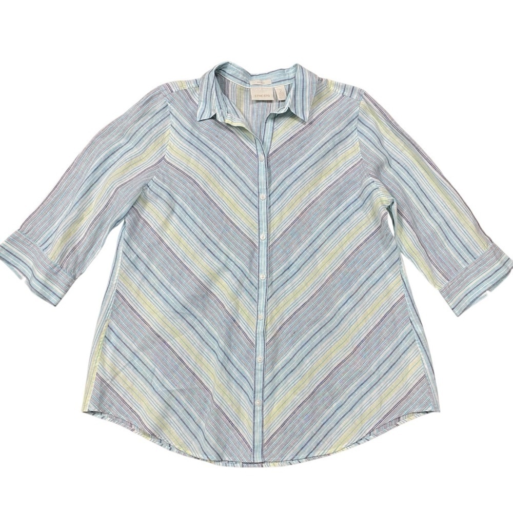 Chicos No Iron 100% Linen Green Blue White Stripe Tunic Button Down Shirt Sz L